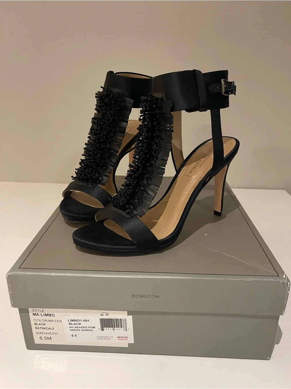 BCBGMaxAzria Black Beaded Fringe T-Strap Heels